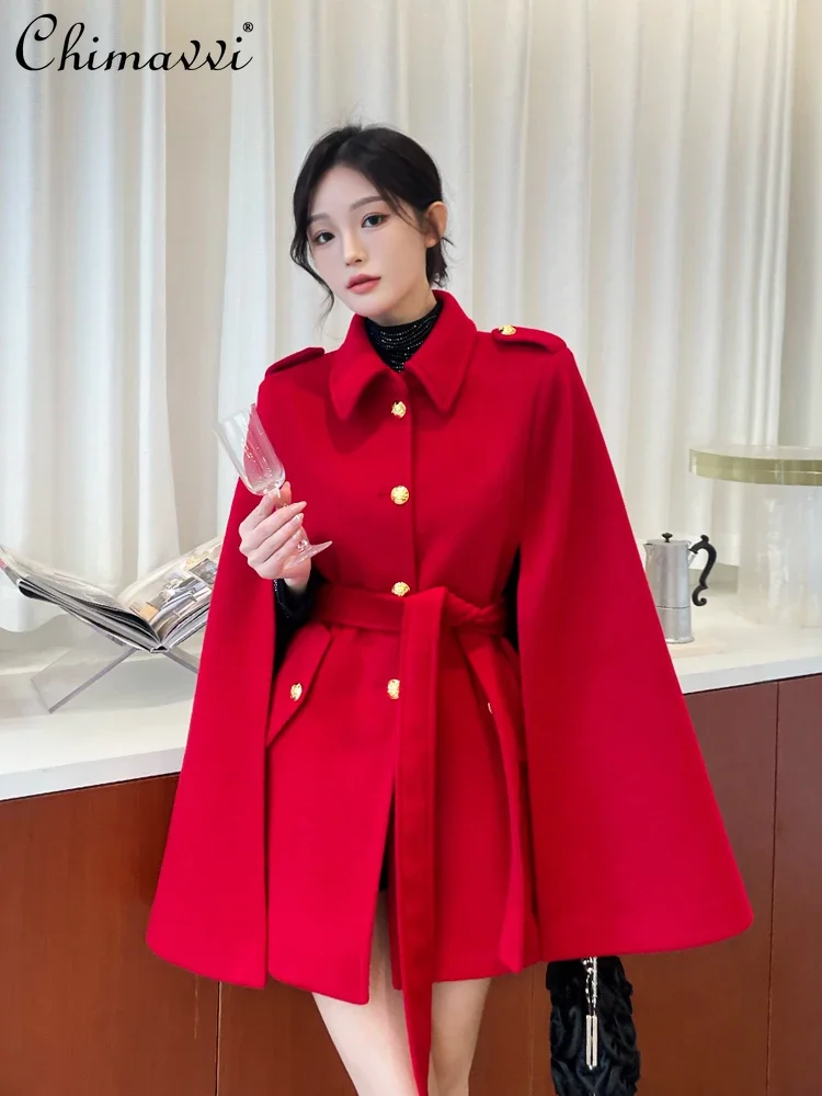 Red Cape Woolen Coat Women's 2025 Winter New Korean Fashion High-end Single-breasted Loose Waist Lace-up Woolen Shawl Jacket