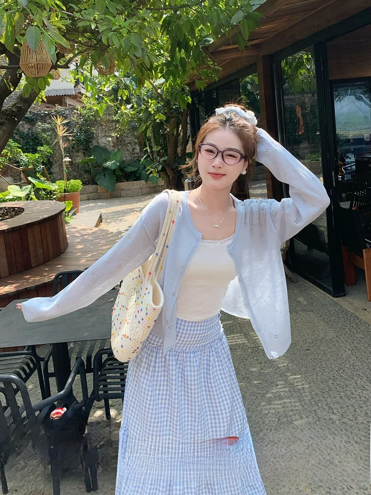 

Летний легкий вязаный кардиган для женщин с защитой от солнца, ажурный дизайн, длинный рукав, круглый вырез, верхняя одежда