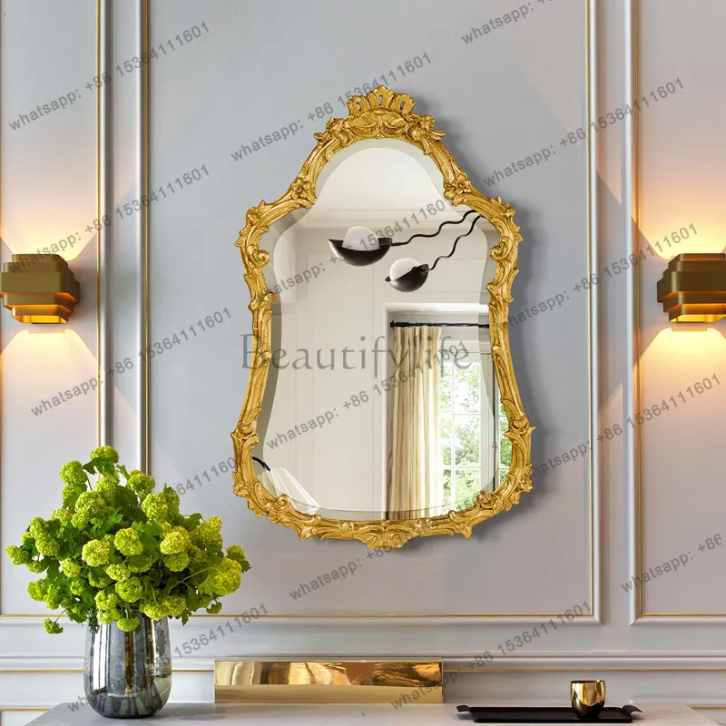Wall-mounted retro makeup mirror Household European-style living room entrance antique carved bathroom makeup mirror