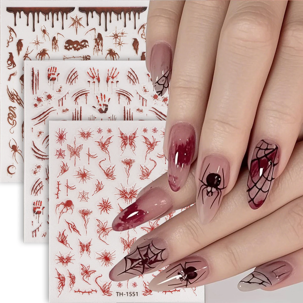 

3pcs Halloween Nail Art Stickers Red Bloodstain Spider Butterfly Blood Handprints Nail Decals for Festival Nail Decor Manicure