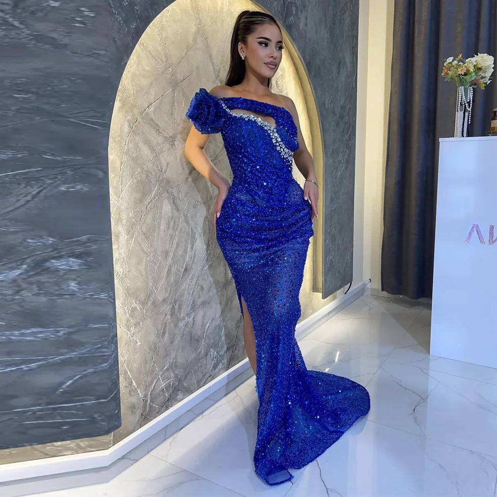 Customized Keyhole One Shoulder Evening Dress Sequin Side Split Mermaid Formal Evening Gown Royal Blue Special Occasion Dresses
