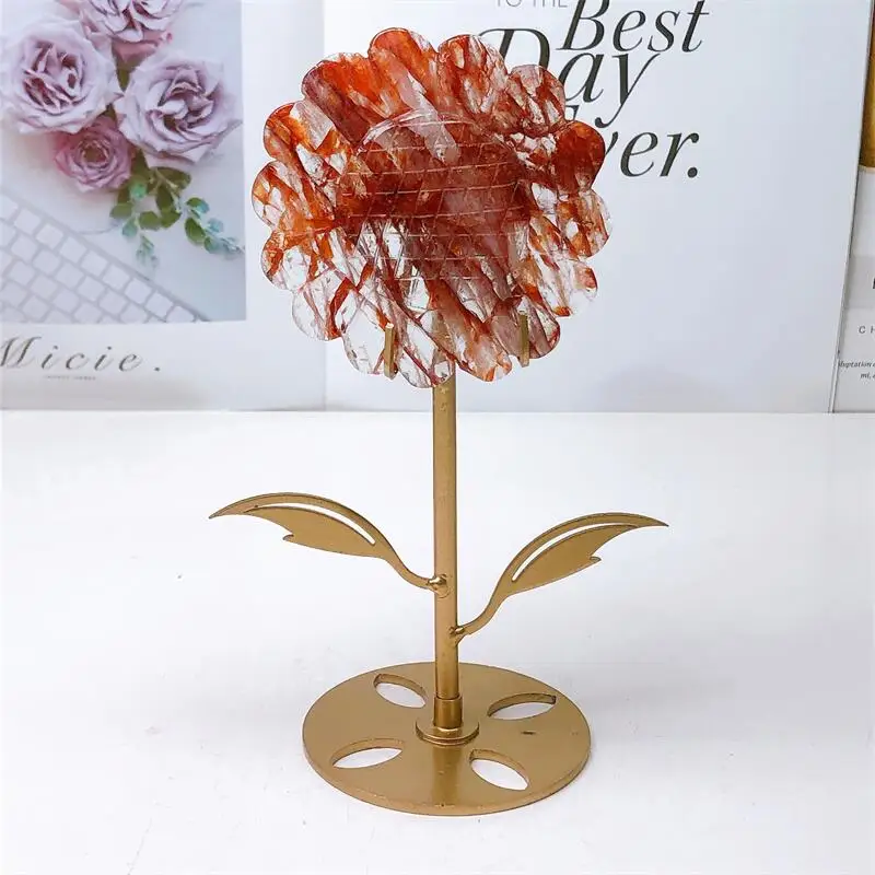 Natural Red Fire Quartz Hematoid Sunflower Crystal Carved Figurine Fashion Holiday Gift Quartz Carving Healing Home Decoration