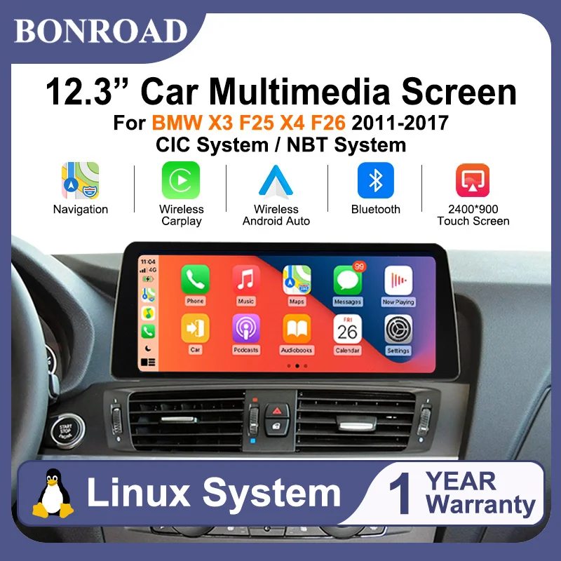 BONROAD, lecteur multimédia pour voiture avec écran tactile Linux de 12,3 pouces, compatible avec les modèles BMW X3 F25 et X4 F26 (2011-2017), système CIC/NBT, résolution 2400*900P, CarPlay sans fil, Android Auto, AirPlay et navigation.