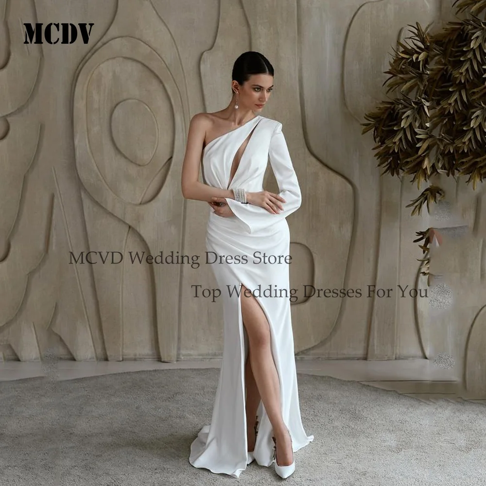 

MCDV Satin Wedding Dress One Shoulder Full Sleeve High Split Elegant Bride Gown Mermaid Pleat vestidos de novia Customized
