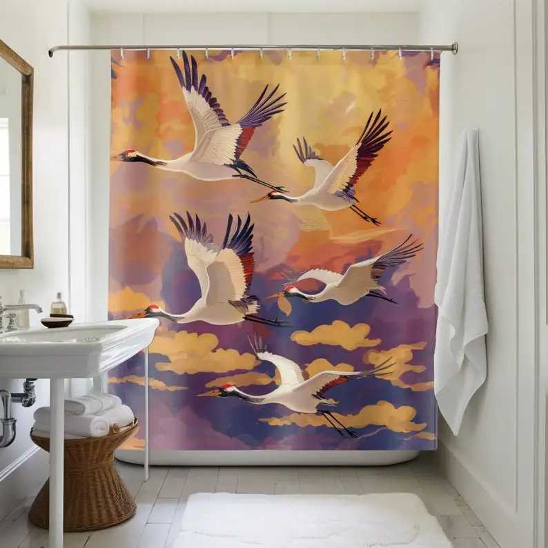Cranes in Flight Shower Curtain: Elegant Bird Design, Serene Sky