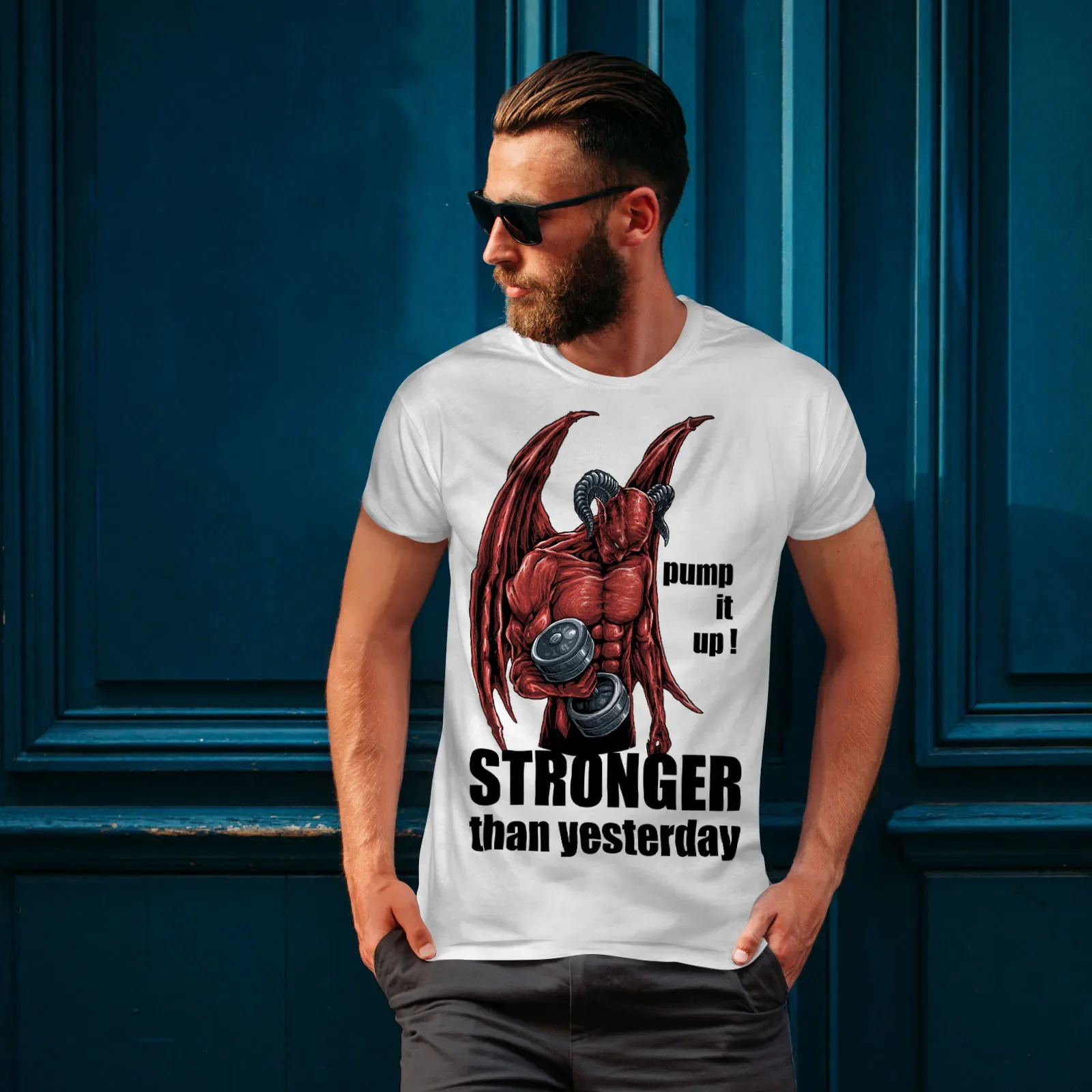 Stronger Than Yesterday. Devil Satan Printed Gym Training T-Shirt. Summer Cotton Short Sleeve O-Neck Mens T Shirt New S-3XL
