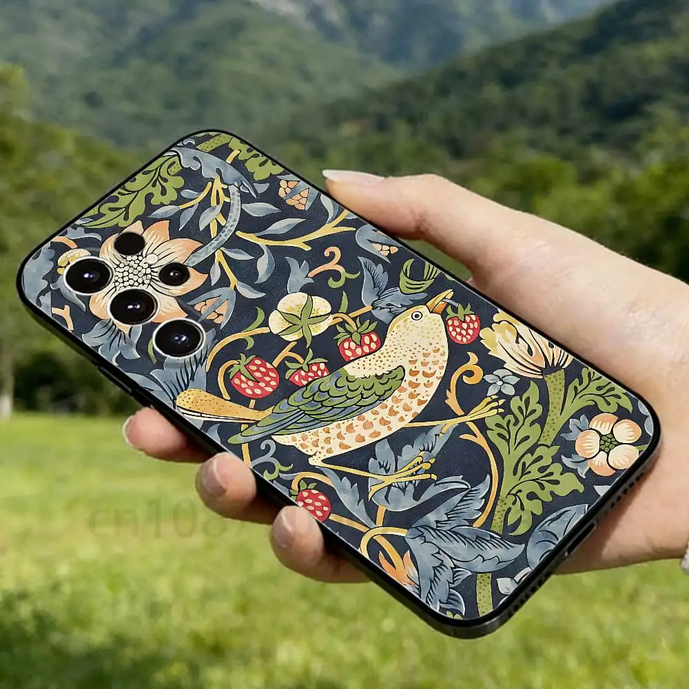 William Morris Strawberry Thief Phone case For Samsung Galaxy A53,51,72,73,31,30,42 Soft Silicone Black Cover