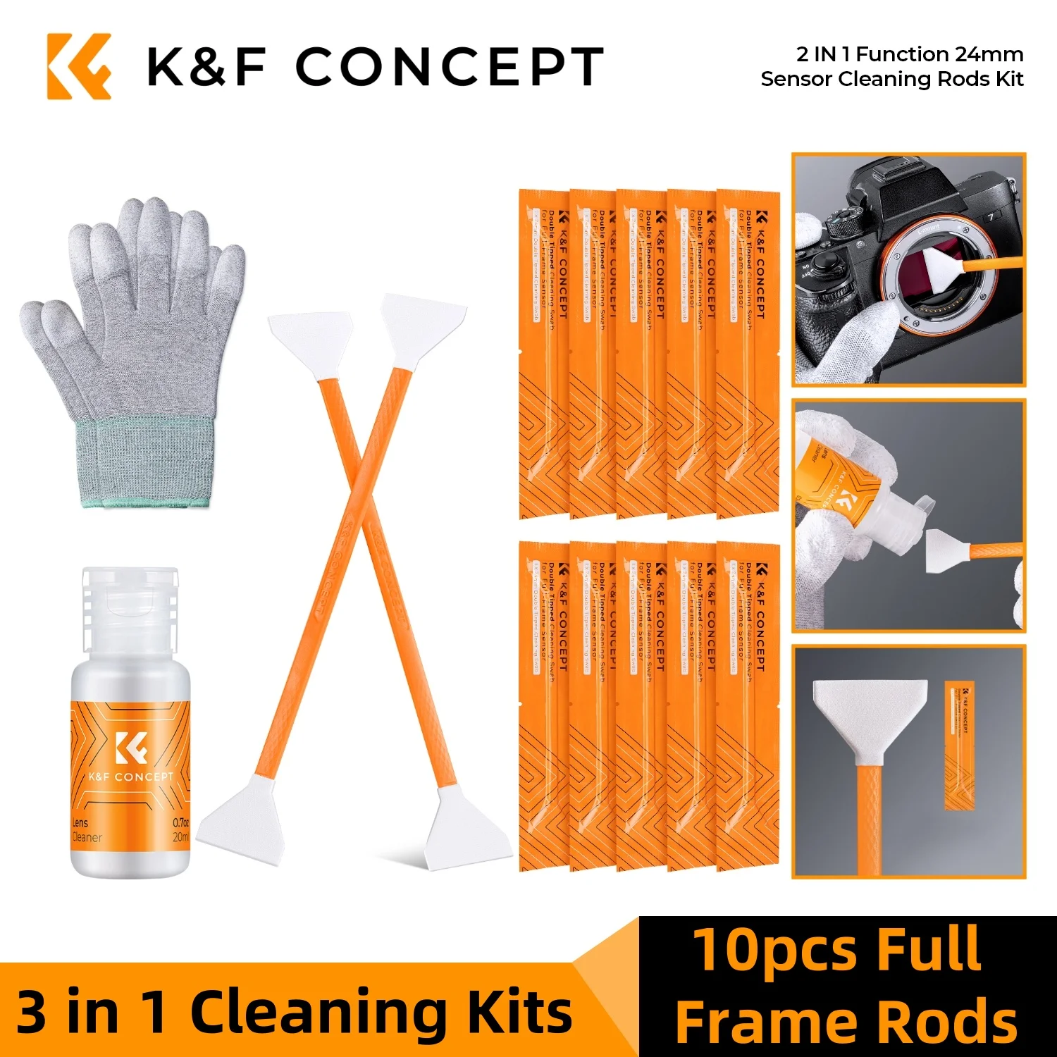 K&F CONCEPT 10pcs Full Frame/APS-C Double-Tipped Sensor Cleaning Swabs+Gloves+20ml Liquid Cleaner Set For CMOS&CCD Sensor Camera