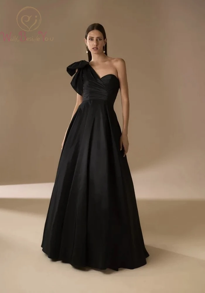 

Long Evening Dresses Black Satin One Shoulder with Big Bow A Line Floor length Formal Party Women Prom Gowns Special Occasion