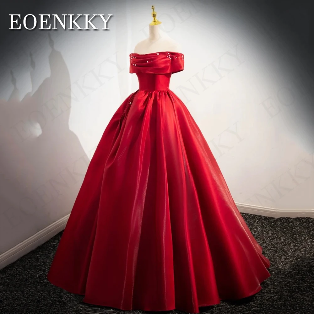 Robe de soirée longue en satin rouge pour femmes, robes d'occasion formelles, longueur au sol, col b Robe longue de soirée rouge, ligne A, perles  Robes d'occasion en satin à épaules dénudées  Womateau, A-ligne, perles