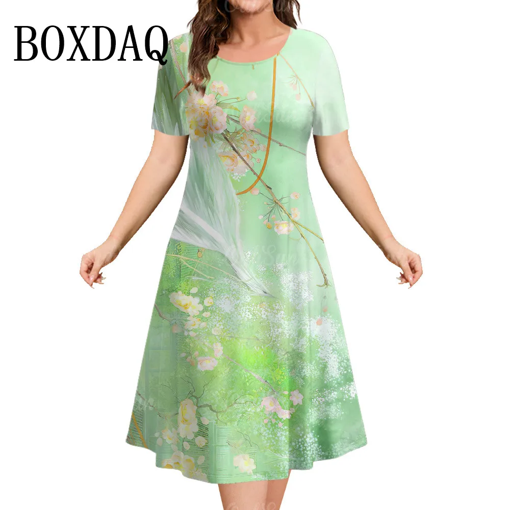 Women‘S Short Sleeve Dress Summer Woman Clothing Loose Dresses 3d Flowers Printing Pullover Clothing Casual Classy A-Line Dress