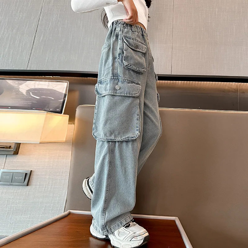 طفل الصناعات الثقيلة الضوء الأزرق مستقيم البضائع الجينز مع جيوب متعددة لفتاة التوأم الرجعية الدنيم السراويل الاطفال عارضة السراويل #3