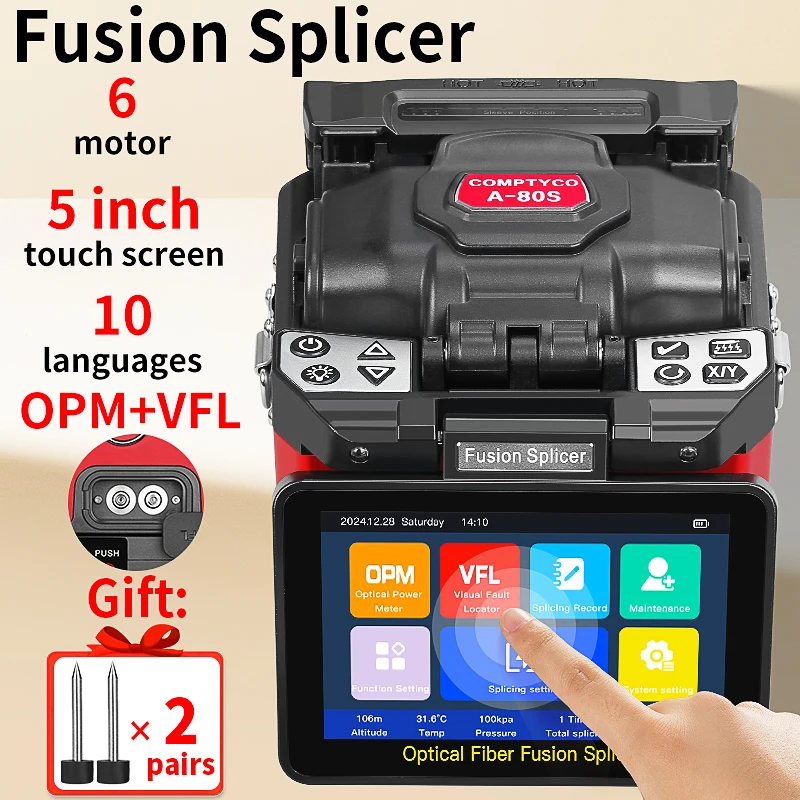 COMPTYCO A-80S épisseuse de Fusion de fibres optiques 10 langues 6 moteurs SM/MM Machine de soudage de noyau de fibres optiques avec fonction VFL OPM