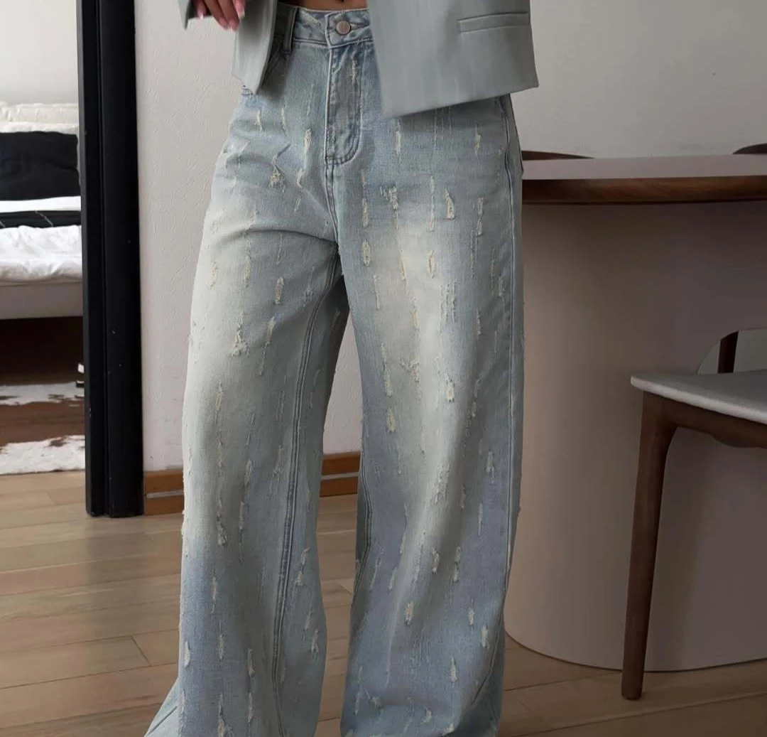 

2025 Spring/Summer New Retro High Waist Skinny Punch Design Loose Wide Leg Jeans for Women