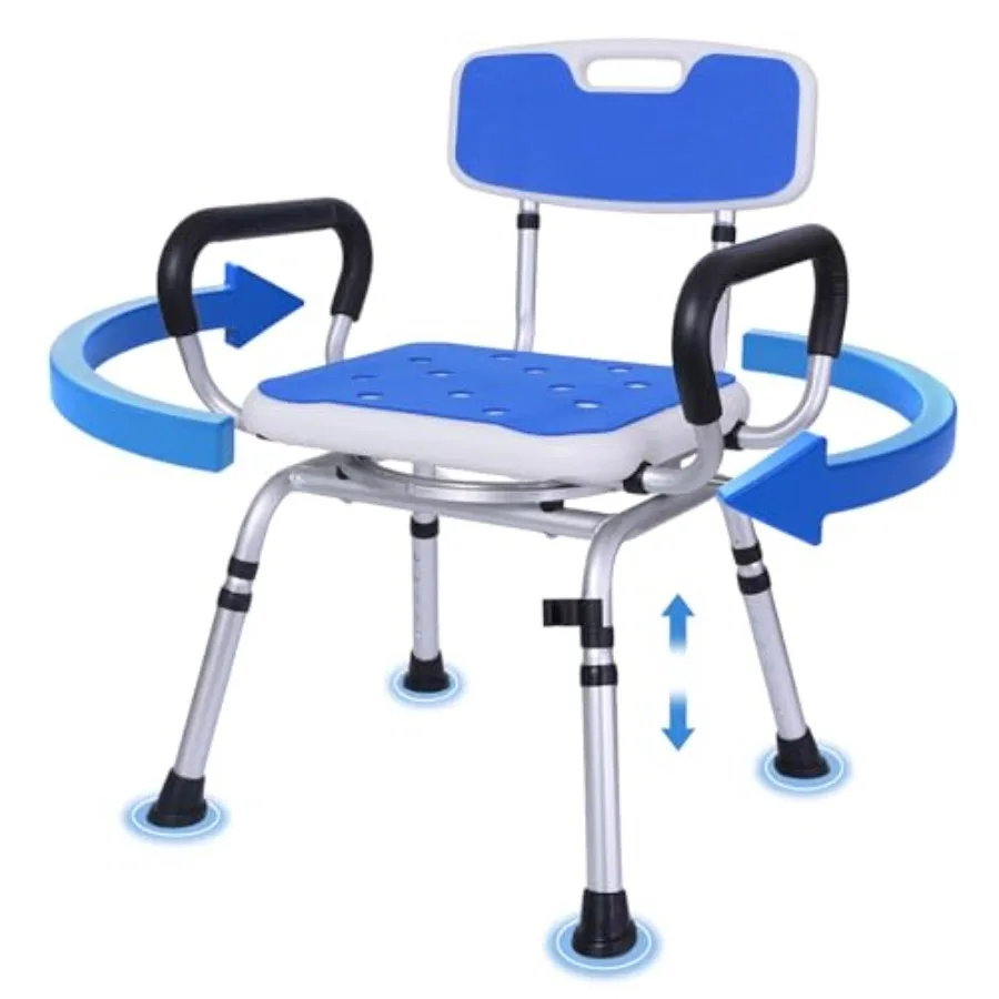 

Swivel Shower Chair: 400 lbs Heavy Duty Shower Chair for Elderly Disabled Injured - Height Adjustable Shower Stool with Arms an