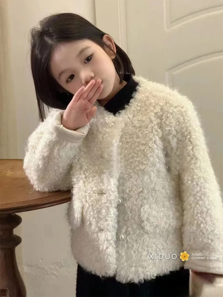 Girls White Wool Coat Children 2024 New Winter Collection Fashion Simple Casual Coat Clothes Korean Simple Style Clothes Top