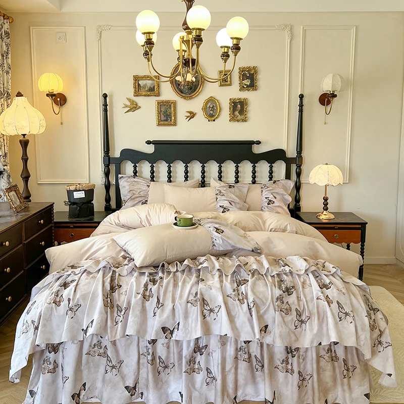 

Double Layer Pleated Ruffles Butterfly Print 100% Cotton Princess Bedding Set Duvet Cover Bed Skirt Bedspread Pillowcases 4Pcs