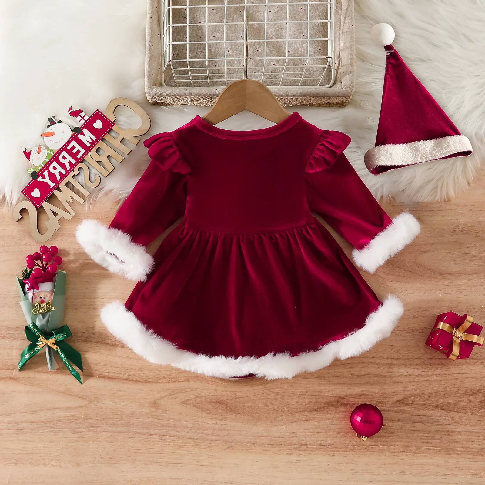 2Pcs Baby Newborn Girls Christmas Costume Warm Long Sleeve Velvet Princess Dress Romper Skirted with Santa Hat for Baby 1-24M