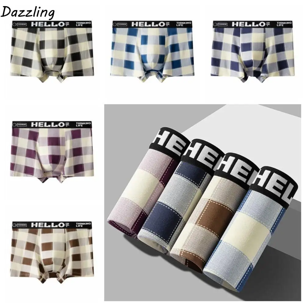 

5PCS Soft Striped Grid Men Underwear Plaid Mid-Waist Boxer Shorts Male Lingerie Breathable Seamless Panties Men