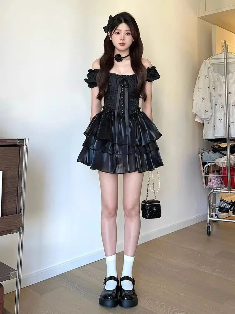 Vestido de baile feminino com renda de colarinho quadrado, vestido Lolita Kawaii preto, estética francesa, elegante coreano aniversário, manga folhada, estética dos anos 2000