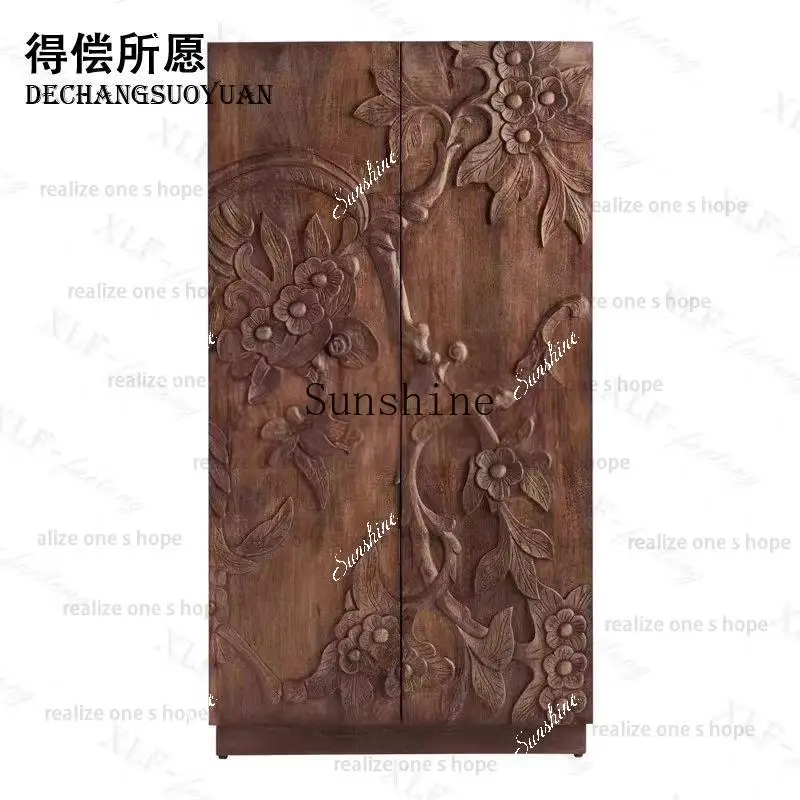 

French retro solid wood small wardrobe walnut double door porch storage household bedroom FT