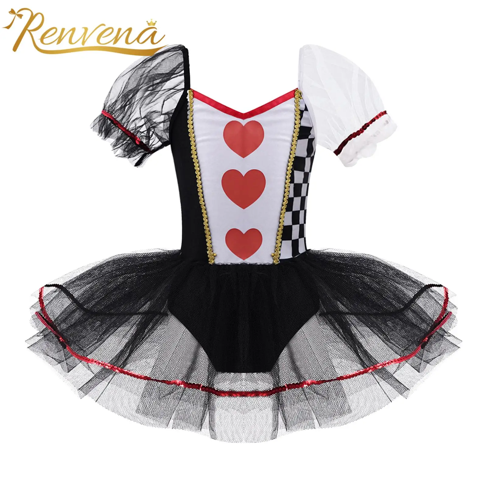 Kids Girls Halloween Circus Clown Costume Cosplay Carnival Party Dress Up Clothes Black And White Grid Tulle Leotard Dresses