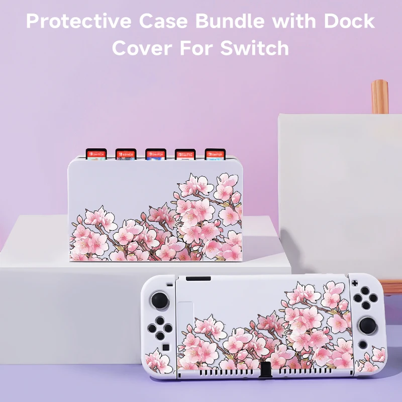 2 Pcs Peach Blossom Powder  Theme Pattern Protective Case with Base Cover Set for Switch OLED/Switch NS, Can Store 5 Game Cards