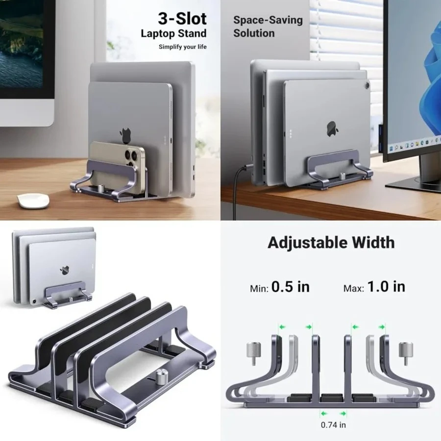 

3-Slot Vertical Laptop Stand Holder Desk Compatible with MacBook Pro Air Laptop Stand Desktop Adjustable, Lenovo Ideapad, Surface Book, HP Notebook, Dell Chromebook Up to 17.3 Inch, Space Gray