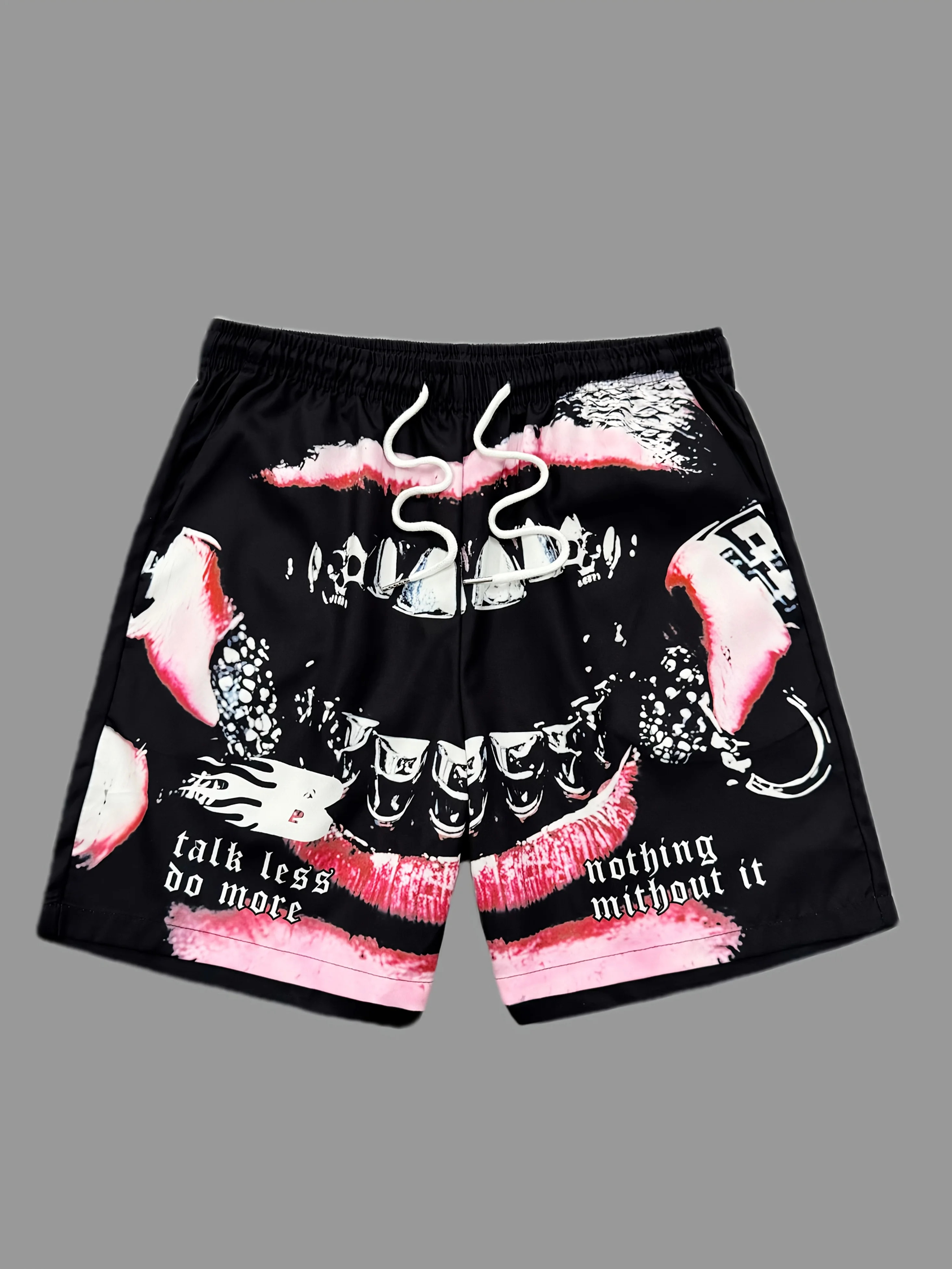 

Men's and Women's Fashion Black Basketball Shorts with Striped Lips and Teeth Print Design Drawstring Belt Casual Summer Wear