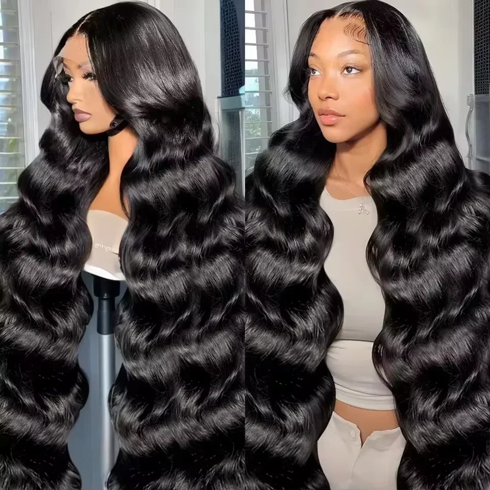 Peluca de cabello humano natural negro, Body Wave, frontal de encaje HD transparente 13x4, con nudos previamente arrancados y encaje frontal para mujer 4