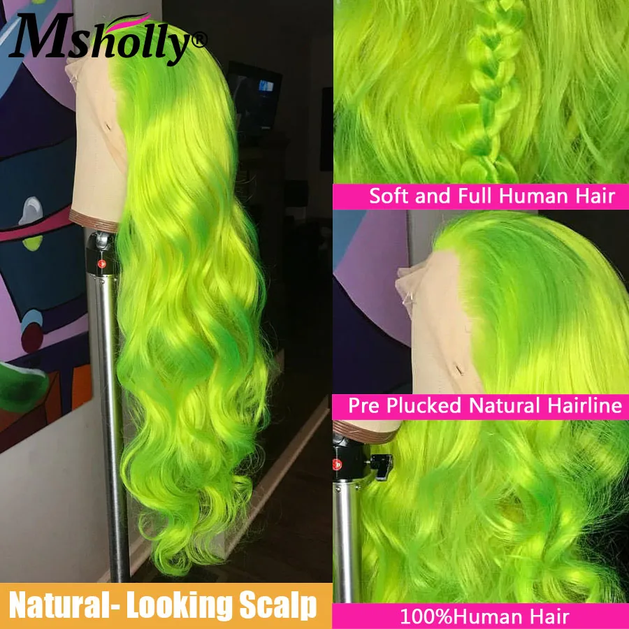 Fluorescent Green Straight Wig 100% Human Hair Neon Green Body Wave 13x4 Transparent Lace Frontal Wig Preplucked Natural Wigs