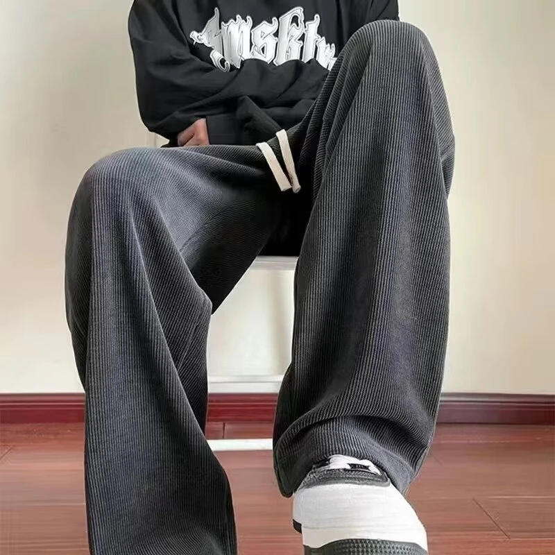 Autumn Corduroy Straight Trousers Men Loose Solid Casual Drape Trousers Harajuku Fashion Drawstring Street Wide Leg Sweatpant