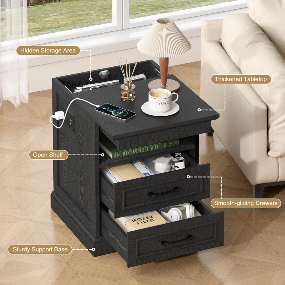 

18" Farmhouse Accent Nightstand with Charging Station, End Table with 3 Drawers Storage, Side Table, Bedside - Free Delivery