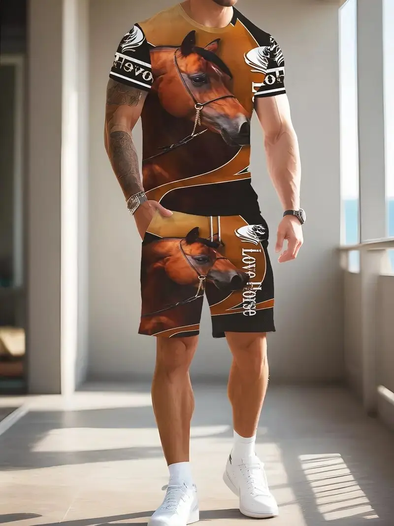 

Men'S Summer Color Matching Personalized Wear 2pcs Set, 3D Digital Printing Short-Sleeved T-Shirt And Shorts Set, Breathable And