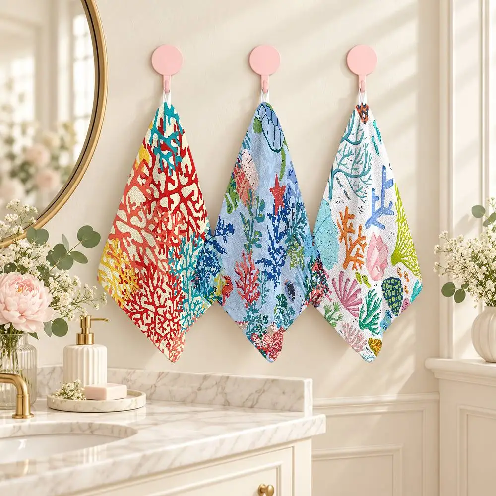 Retro Marine Life Sea Star Coral Irregular Printed Small Towel Polyester Hand Towel Soft Wiping Cloth For Home Bathroom Kitchen