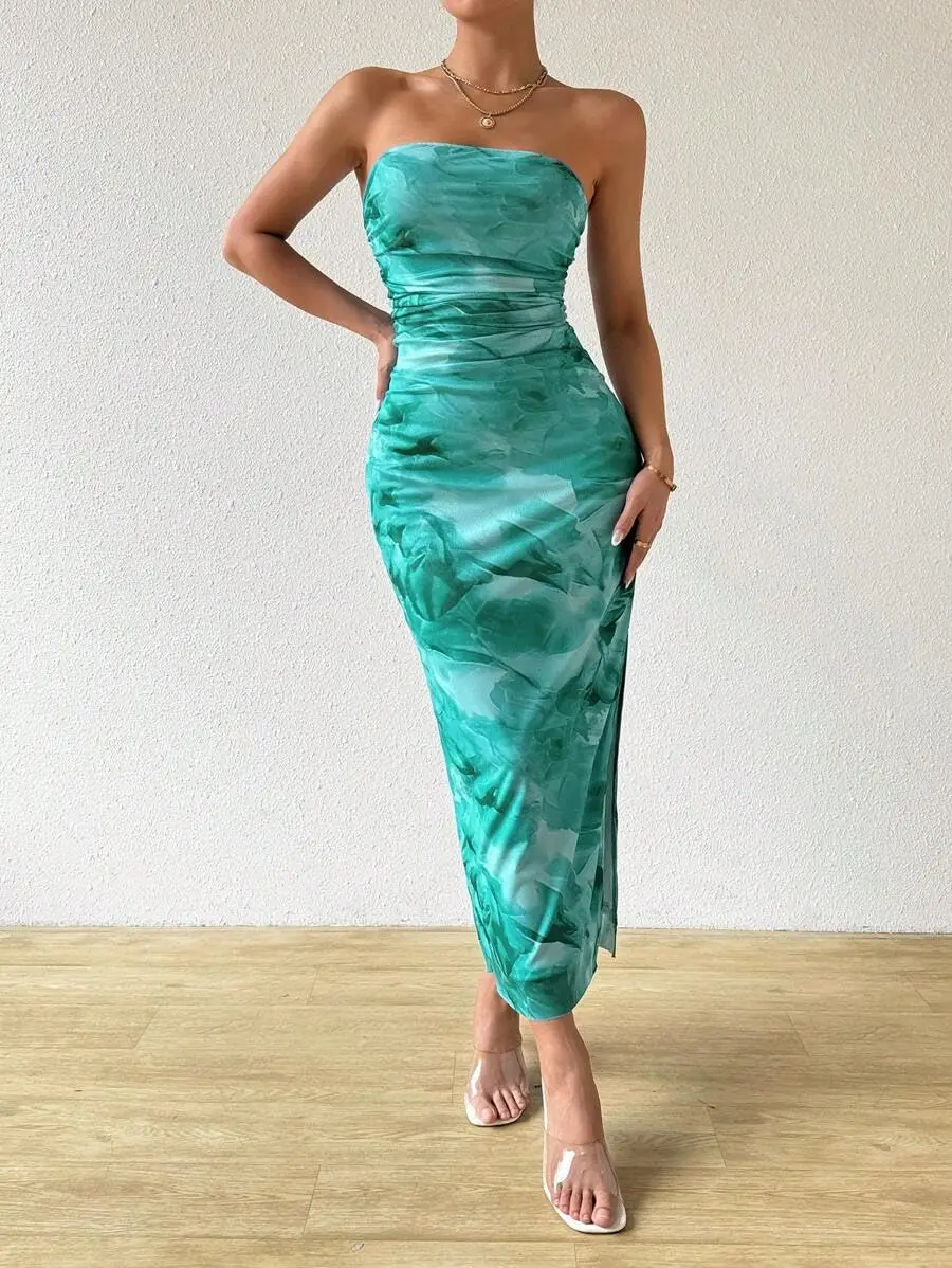 Premium elástico corante bustier magro lápis vestidos para senhoras dupla camada de malha sexy hip abraçando sem alças vestidos de convidados do casamento