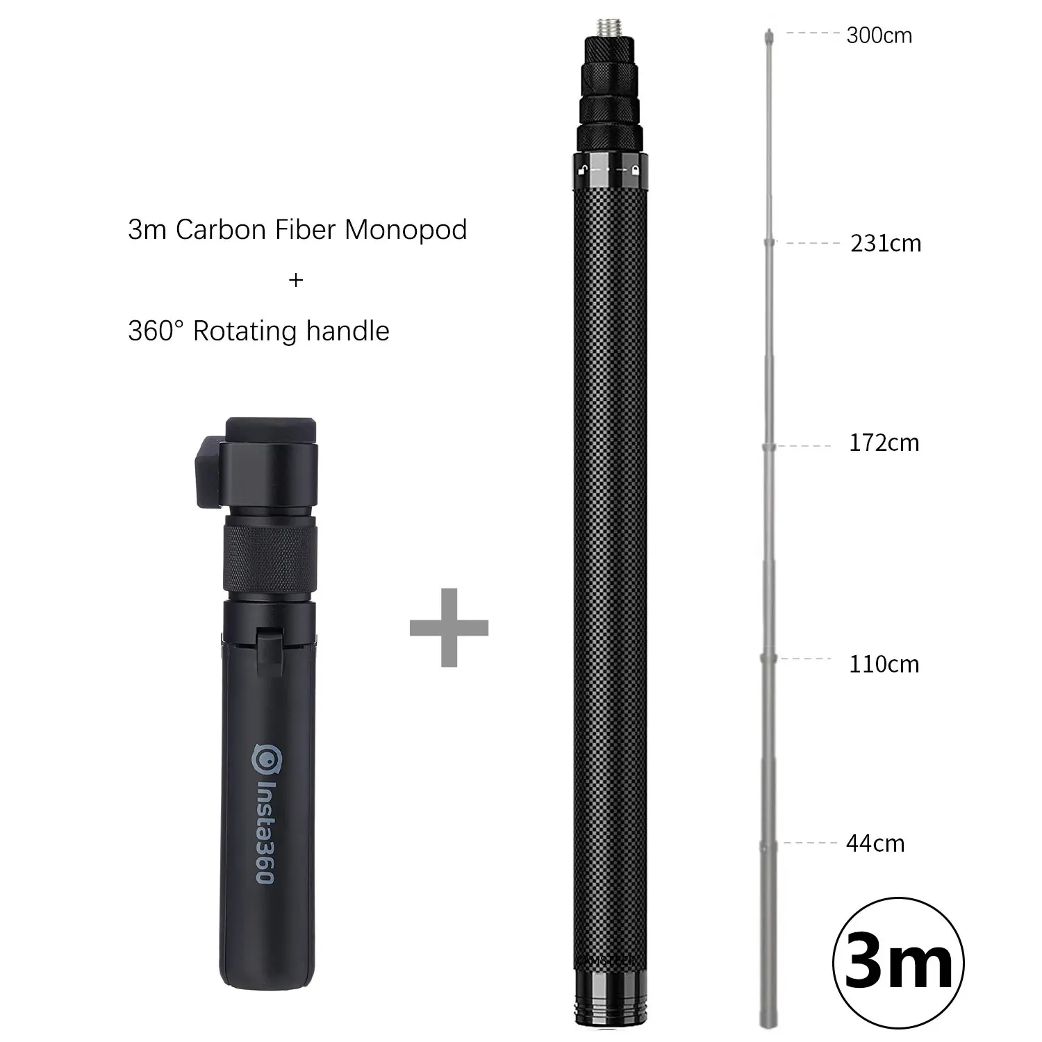 1,2m 3m Carbonfaser Unsichtbarer Selfie-Stick mit Drehgriff und Stativ für GoPro, Insta360 X6 X5 X4, DJI Osmo 360 Kamera