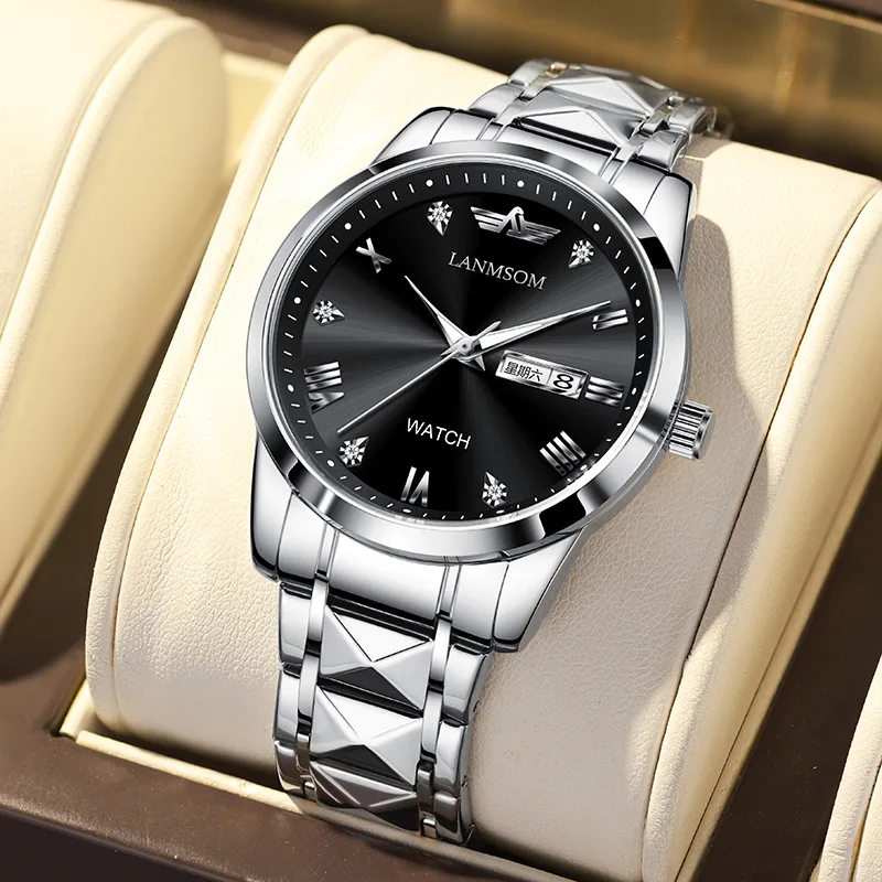 Jednoczęściowy Dropshipping nowy zegarek Langsuo hurtownia wodoodporny podwójny kalendarz świecący diament delikatna stalowa bransoletka do zegarka kwarcowy
