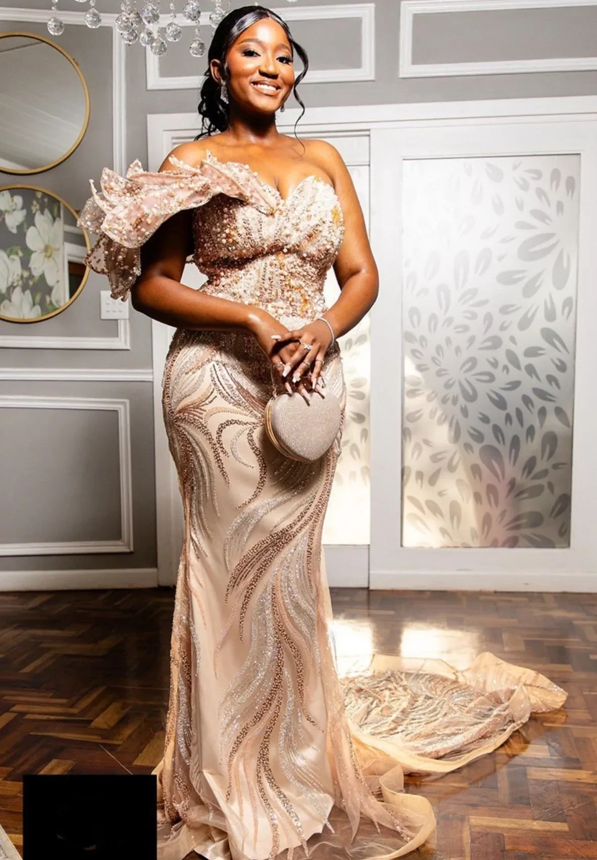 Champagne Mermaid Prom Dresses For Special Occasions Illusion Florals Sequined Lace Evening Formal Party Reception Birthday Enga