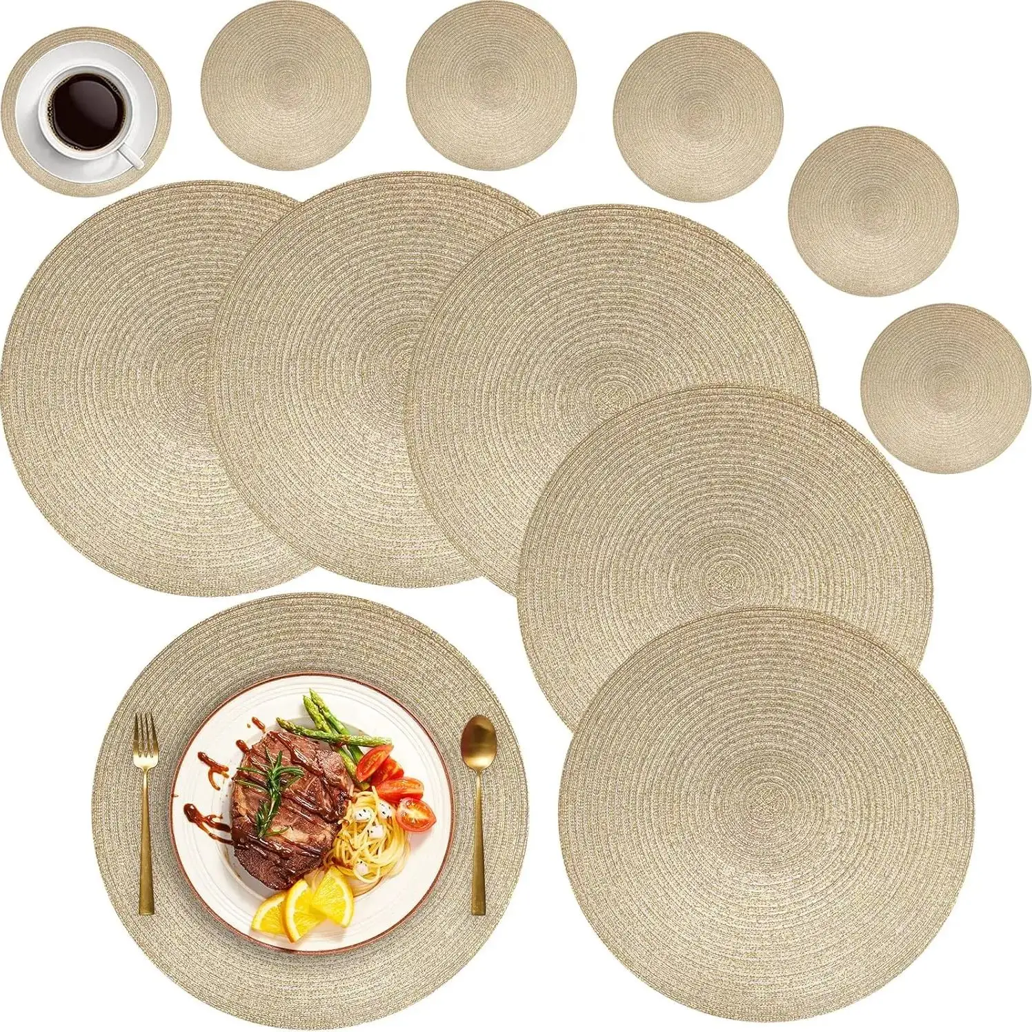 Set of 4 10/34CM Glitter Round Braided Placemats Golden Sliver Circle Place Mats Washable Table Mats for Kitchen Party Wedding