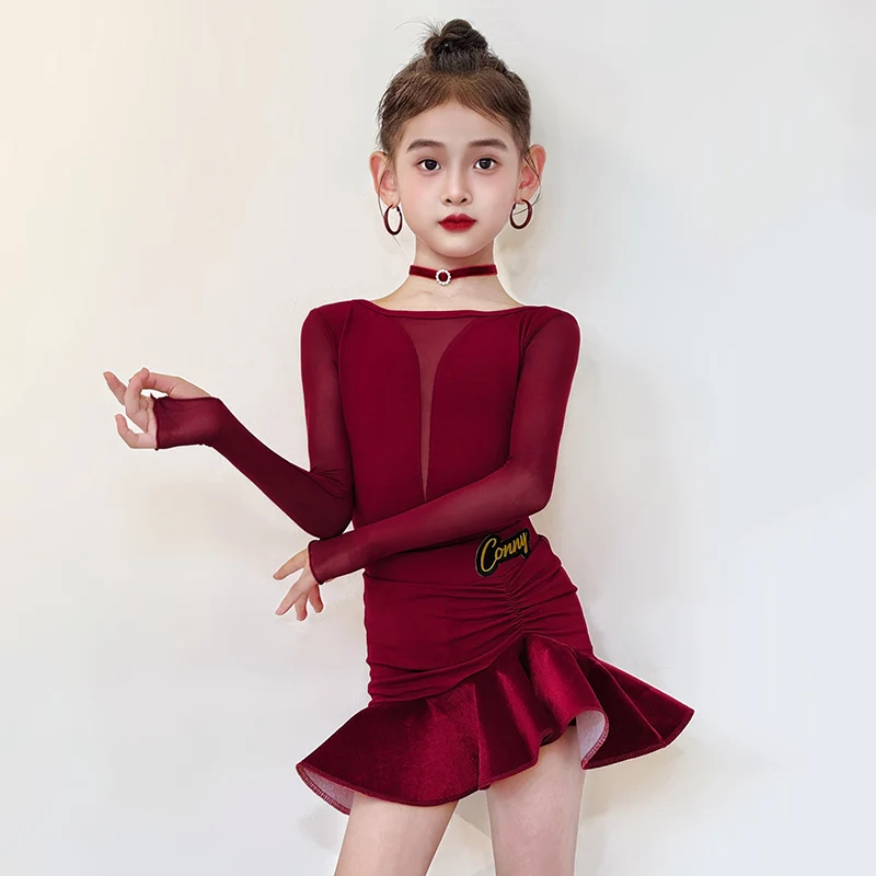 

Детский костюм для латинских танцев, красный костюм для выступлений с длинными рукавами, одежда для латинских соревнований для девочек, тренировочная одежда, трико, юбка 2793