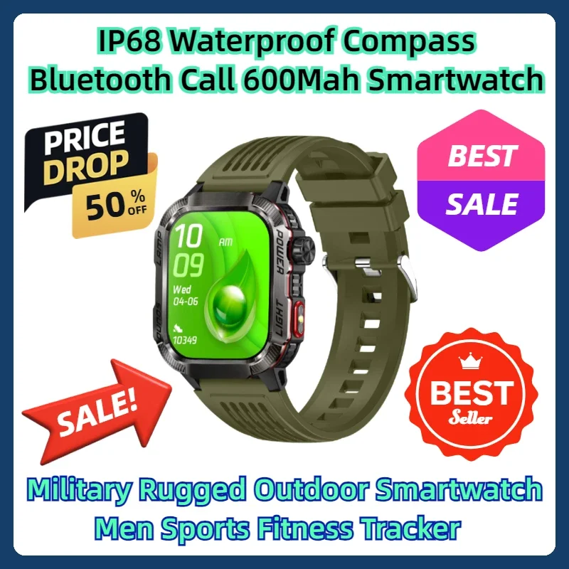 IP68 Waterproof Compass Bluetooth Call 600Mah Smartwatch Military Rugged Outdoor Smartwatch Men Sports Fitness Tracker