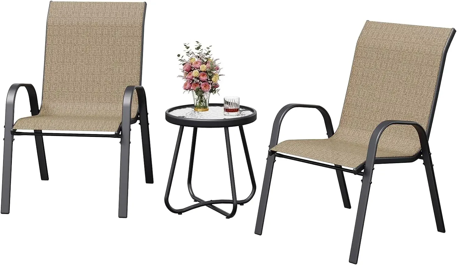 Amopatio 3 Piece Patio Set, Outdoor Stackable Dinging Chairs for All Weather, Breathable Garden Outdoor Furniture for Backyard D