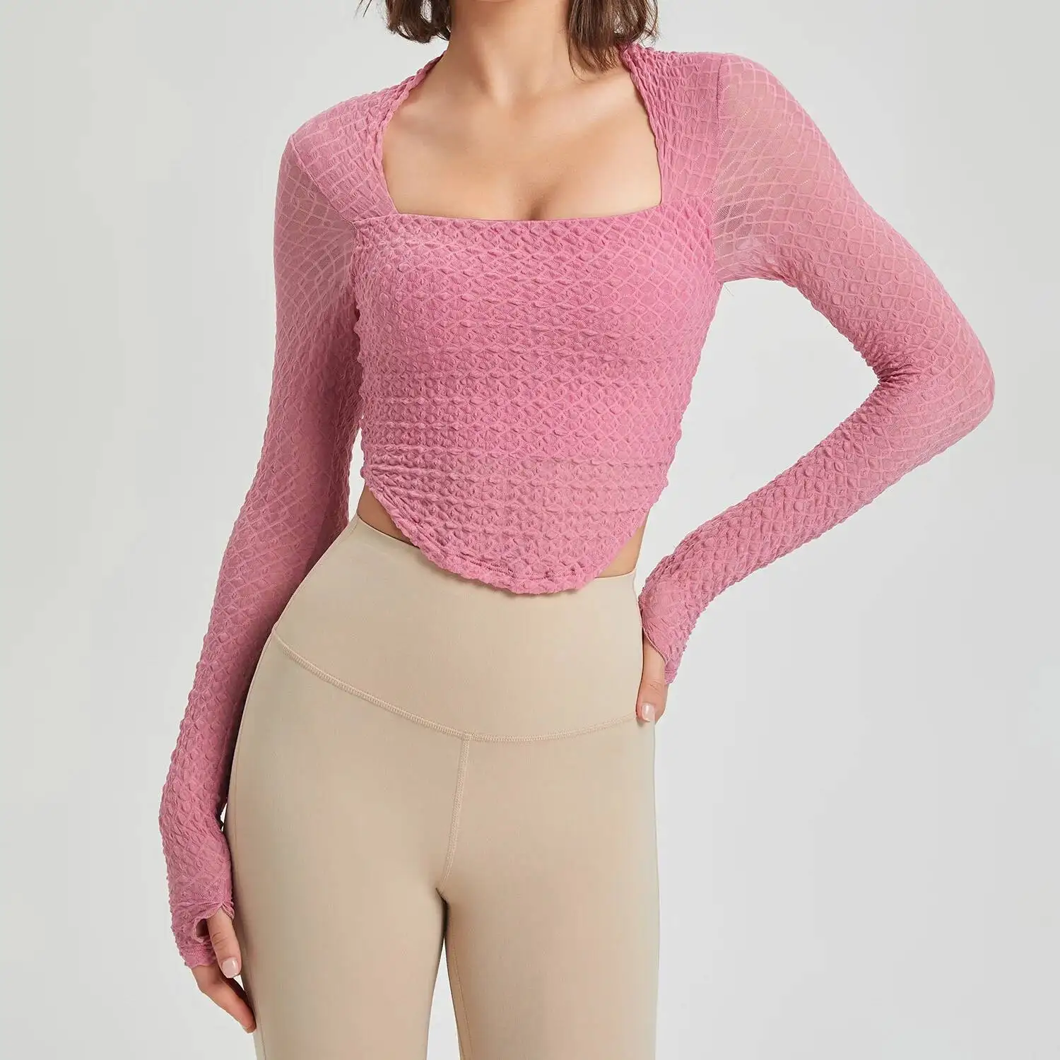 

Women Long Sleeve Yoga Solid Color Square Neckline Gym Running Top Breahtable Stretchy Fiess Shirt With Chest Pads