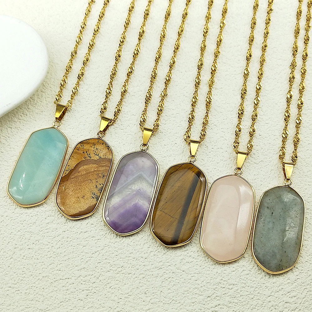 

Exquisite Natural Stone Pendant Necklace For Women Men Stainless Steel Pink Brown Female Fashion Chain Jewelry Accessories Gift