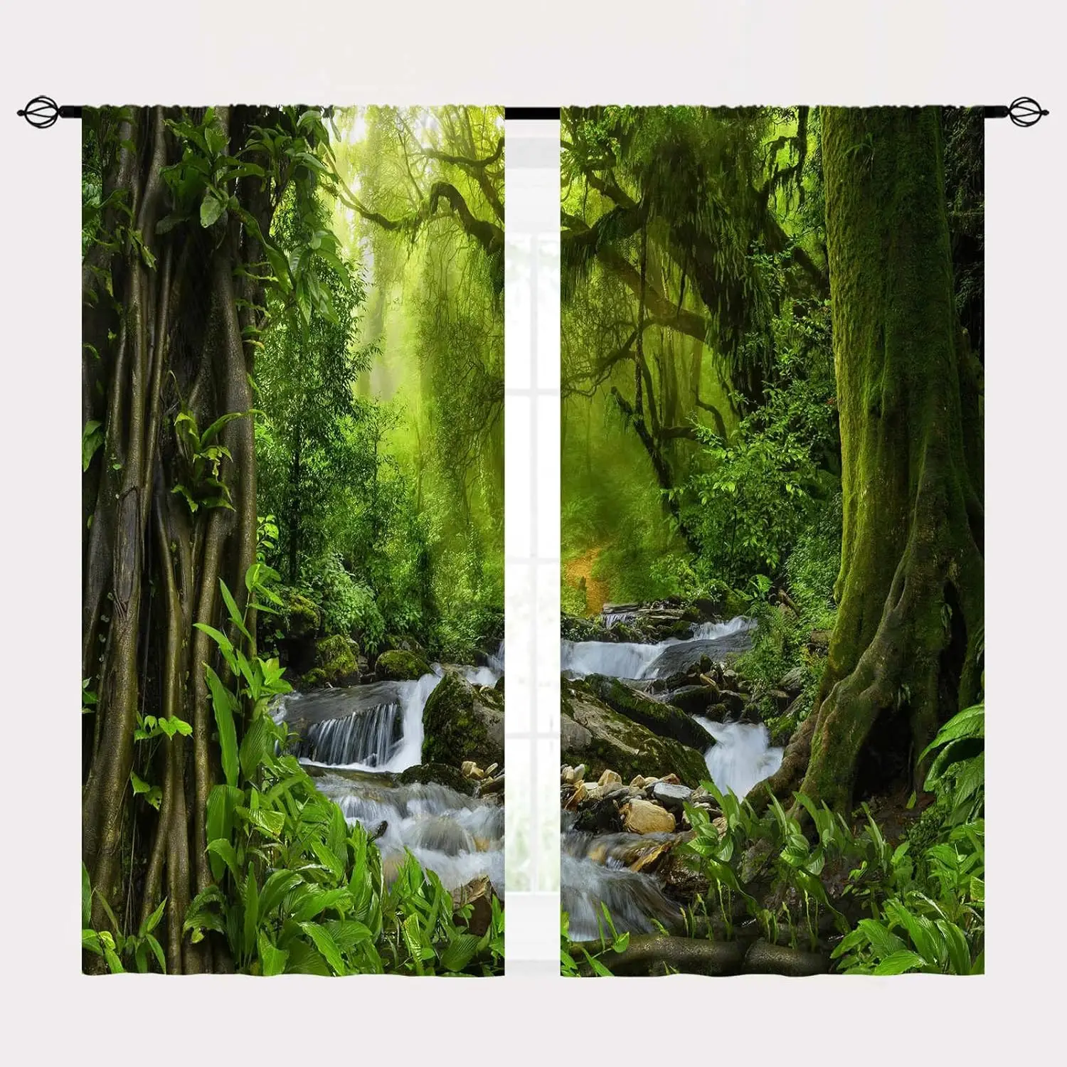 Forest Curtains Rod Pocket Nature Tropical Jungle River Rainforest Waterfall Landscape Scenery Print Pattern Window Drapes for B