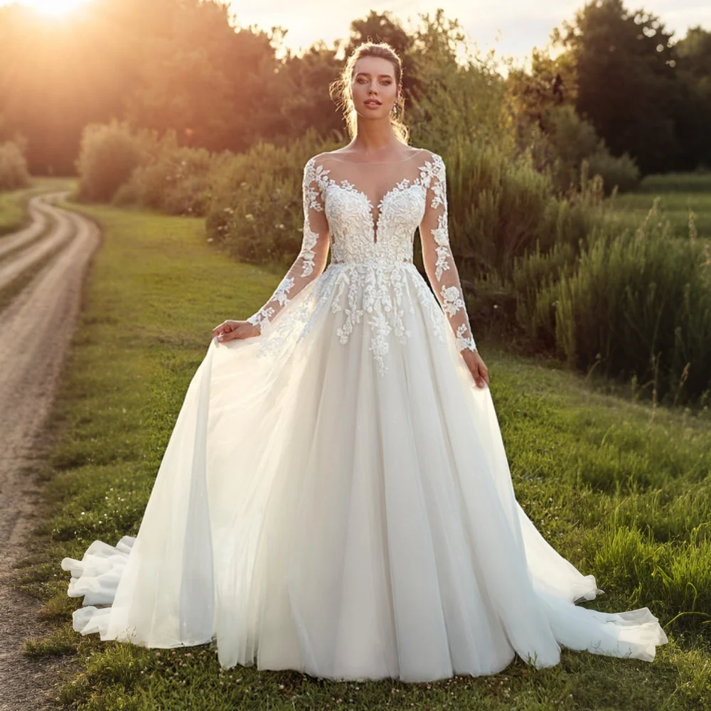 Robe de mariée en dentelle à manches longues pour mariée, robe trapèze en tulle, superbe robe de patients sur mesure, photos réelles, 20294 #, 2024