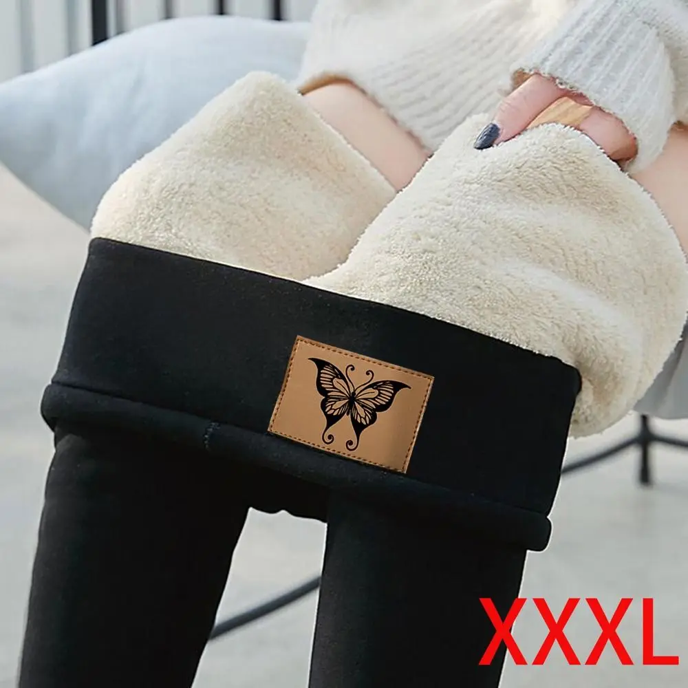 

Гибкие термолеггинсы на флисовой подкладке с высокой талией, пушистые кашемировые леггинсы из овчины с кожаной нашивкой, утепленные леггинсы для женщин и девочек