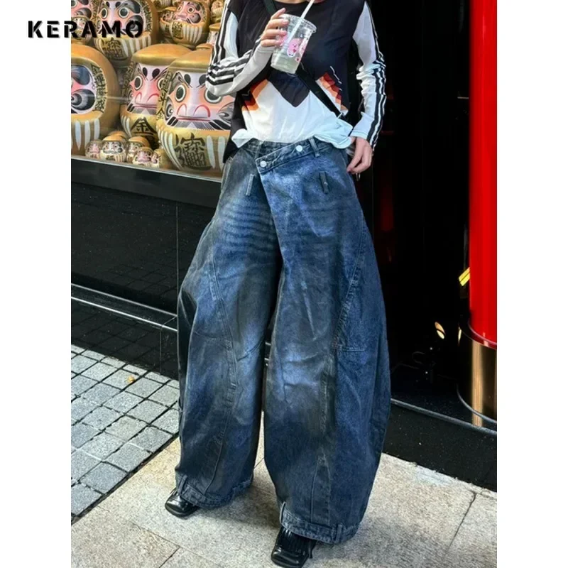 American Retro Oversized High Waist Jeans Wide Leg Grunge Streetwear Solid Denim Trouser Women Casual Baggy Pocket Y2K Pants