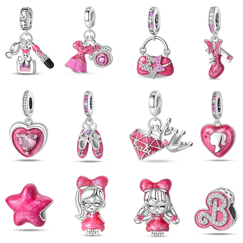 100% 925 Sterling Silver Fashion Pink Princess gonna Bag rossetto Charms Beads Fit Pandora bracciali originali gioielli fai da te regali